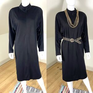 Vintage 80s Le Crillon Black Minimalist Batwing Cocoon Midi Funnel Dress M/L